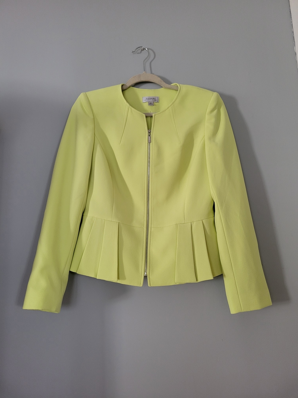 Tahari ASL Neon Yellow Peplum Zip-Front Blazer Sz 6